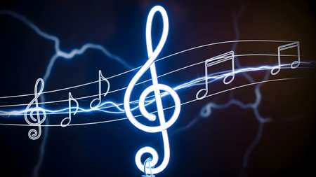 showing white neon musical notes and treble clef on a dark background with electric blue...