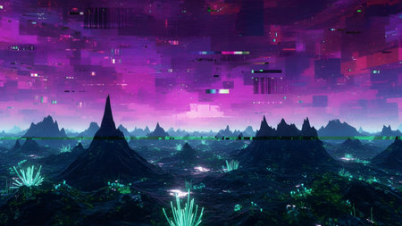 Neon showing surreal digital landscape with jagged mountains and glowing neon flora under purple...の写真素材