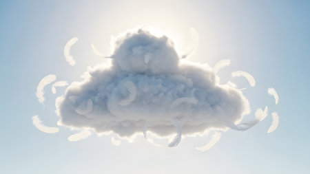A soft white cloud with numerous white feathers gently falling around it against a bright,...