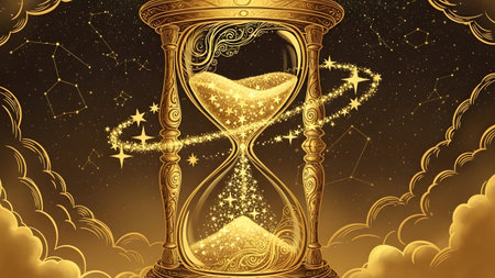 A golden hourglass with sparkling starry sand and swirling stardust is set against a celestial...