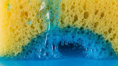 (2455) showing yellow sponge with blue liquid flowing through its pores creating bubbles macro....