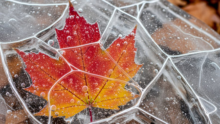 A red and yellow maple leaf is captured within ice, displaying geometric patterns and many small...