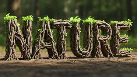 The word NATURE spelled out with textured tree roots and vibrant green leaves in a forest.