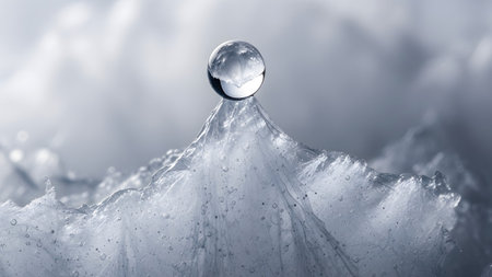 Atop showing close-up view of a transparent water sphere perched atop a glistening ice...の写真素材