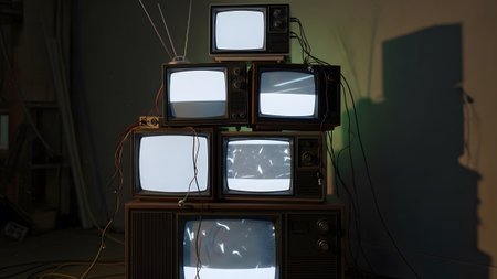 A pile of old televisions with blank screens and tangled wires, creating a retro technology scene.の写真素材