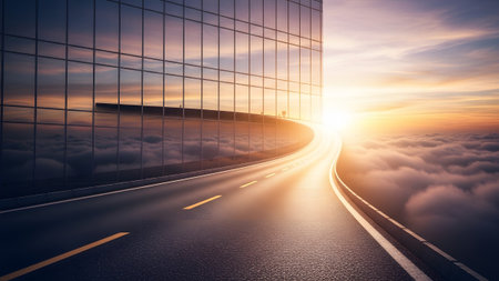 Road leading into a sunset over clouds with a reflective skyscraper.