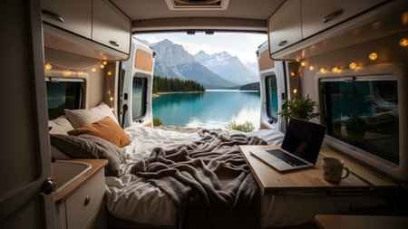 Cozy showing camper van interior with mountain lake view and laptop on bed. resolution...の写真素材
