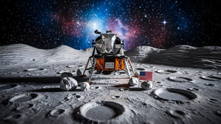 Rocks showing lunar module on moon surface with nebula background and rocks.