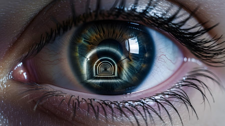 A detailed macro shot of a human eye, iris with blue and gold tones, reflecting a luminous...