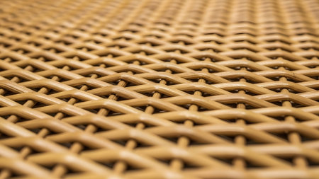 A detailed macro shot showcases the repeating geometric pattern of a light brown woven wicker...
