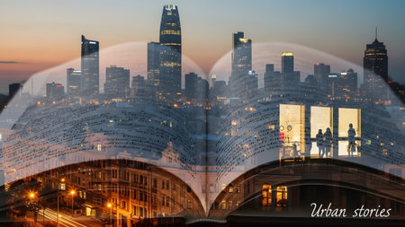 Street showing double exposure of an open book with city skyline and urban street scenes...