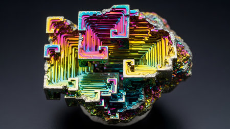 Staircase-like showing bismuth crystal specimen with rainbow colors and staircase-like geometric...