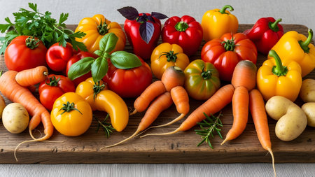 Carrots showing assortment of fresh garden vegetables including tomatoes carrots and peppers....