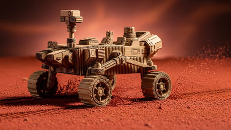 Stock showing cardboard mars rover model in motion on red martian surface. resolutionの写真素材