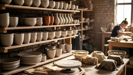 Wooden shelves in a pottery studio are laden with various ceramic bowls and vases, with a potter...の写真素材