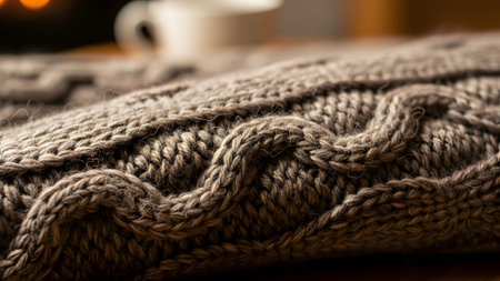 Macro shot of a thick grey knitted wool blanket with a prominent cable knit pattern and soft...