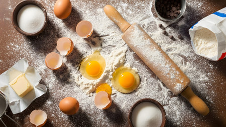 Stock showing baking ingredients including eggs butter flour sugar and chocolate chips with a...