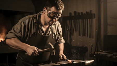 Hammering showing blacksmith hammering glowing metal on anvil in dimly lit workshop with sparks...