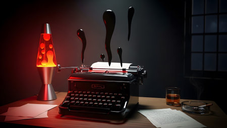 Scene showing dark office scene with black typewriter lava lamp. resolution...
