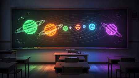 (2903) showing dark classroom with neon planets on blackboard and colored lighting.