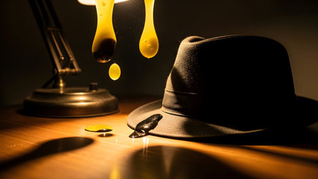 A dark fedora hat sits on a wooden table with yellow liquid dripping onto it and the surface.