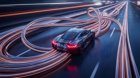 Light showing dark blue sports car on a highway surrounded by swirling tubes of orange and blue...