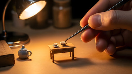 Illuminating showing desk lamp illuminating miniature teacups on a tiny table with tweezers and...