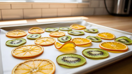 Thin slices of orange and kiwi are spread across white parchment paper on a baking sheet.