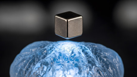 Light showing dark metallic cube levitating above textured blue substance with light.