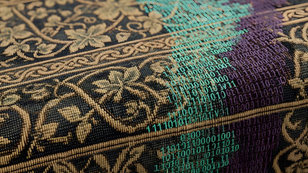 Detailed antique tapestry with interwoven green and purple digital binary code data streams.