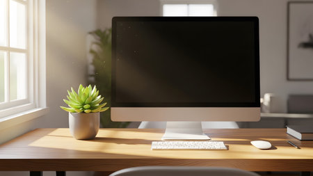 (66) showing desktop computer with a black screen on a wooden desk with a book and plant.