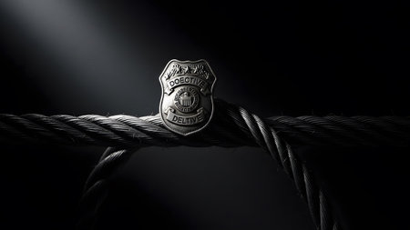 A metallic detective badge is prominently displayed on a thick, twisted metal cable under...