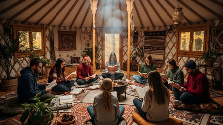 People sit in a circle inside a yurt, reading books around a central fire pit, with warm...