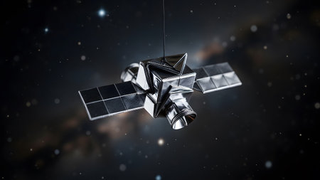 Dark showing detailed silver satellite with solar panels and antenna in a dark nebula with...の写真素材