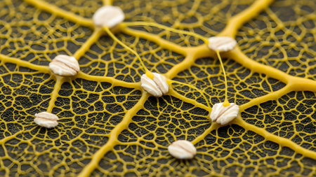 Dark showing detailed view of yellow slime mold network connecting white nodes on dark surface....