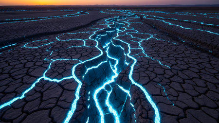 Dusk showing expansive cracked dry earth with glowing blue fissures at dusk. resolution...の写真素材