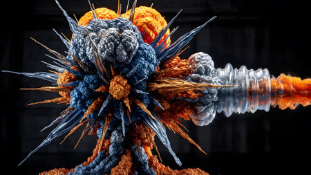 Sharp showing explosion of blue and orange matter emerging from a transparent tube with sharp...
