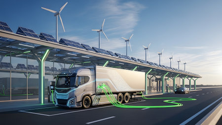 Turbines showing electric semi truck charging at a long renewable energy station with solar...