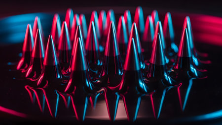Light showing ferrofluid spikes form a geometric pattern with red and blue neon light...の写真素材