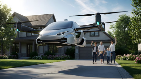 Vehicle showing family walking towards a futuristic silver flying car drone vehicle hovering...