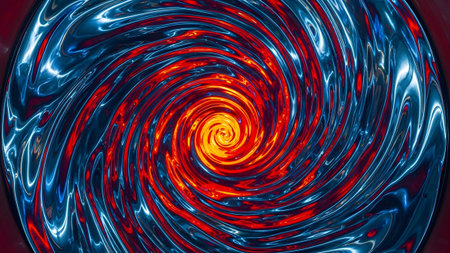A vibrant abstract vortex of swirling metallic liquid in fiery orange and deep blue hues.の写真素材