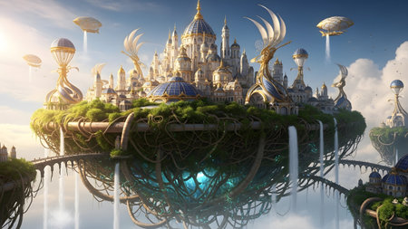 A detailed fantasy city floats on an island with waterfalls and intricate structures, under a...の写真素材
