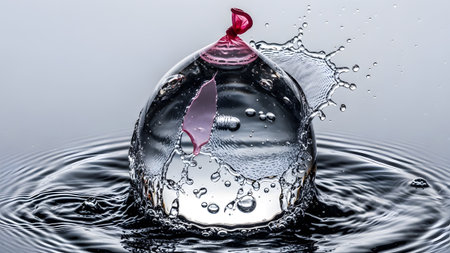 (2314) showing exploding red water balloon frozen mid-burst with water splashing outward and...の写真素材
