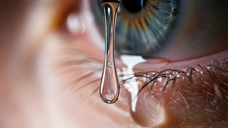 showing extreme close-up of a human eye with a large tear drop falling from the lower...