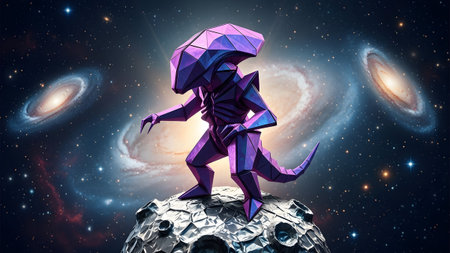 Alien showing geometric purple alien figure standing on moon with galaxies in background.