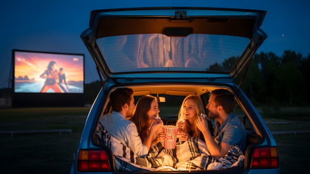Four friends sit in a car trunk with popcorn, watching a at a drive-in theater under the night sky.