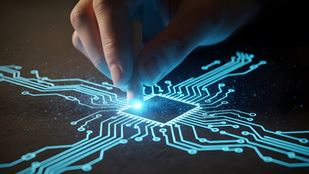 A finger touches a glowing blue circuit board on a dark surface, activating a bright light.の写真素材