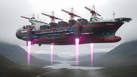 A futuristic cargo ship with a tartan pattern and purple thrusters flies over a misty valley.