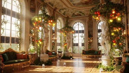 (1102) showing grand hall with classical statues, tomato plants, and ornate furniture...