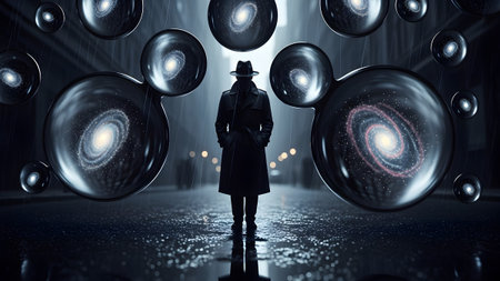 Figure showing figure in trench coat observing bubbles of galaxies in dark setting.